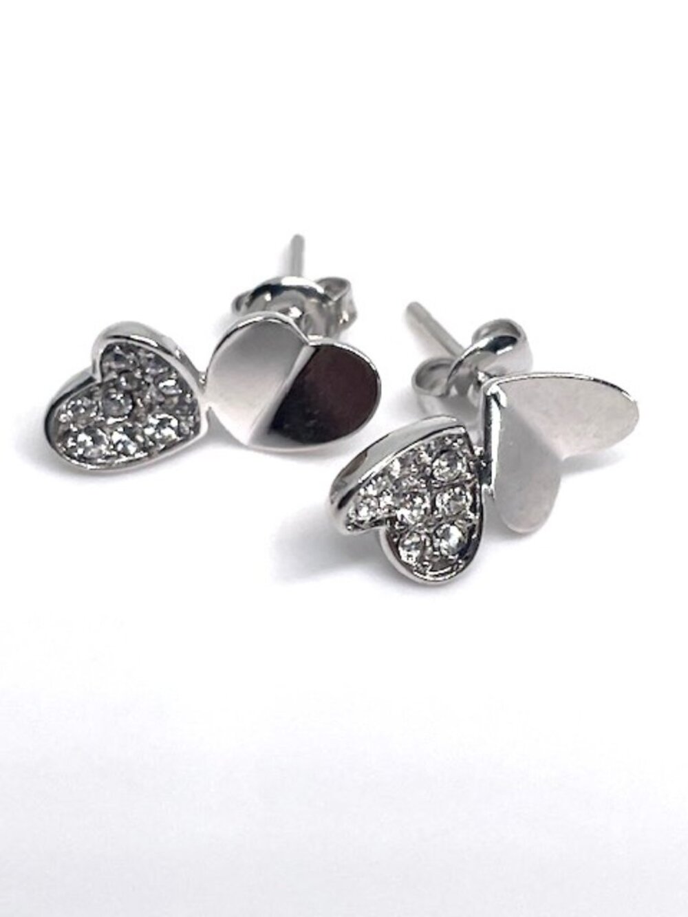Two Heart Rhodium Plated Pave Stud Earring, made with Crystals by Swarovski, 7mm